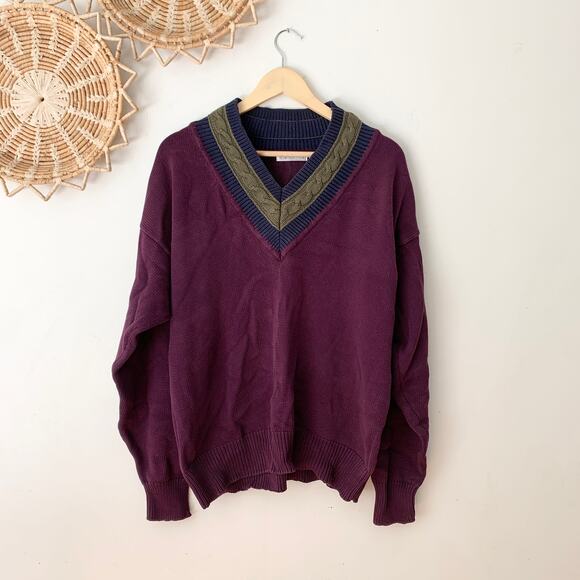 Claiborne Vintage 90s Maroon Wine Burgundy V Neck Cotton Sweater Medium - Picture 1 of 5